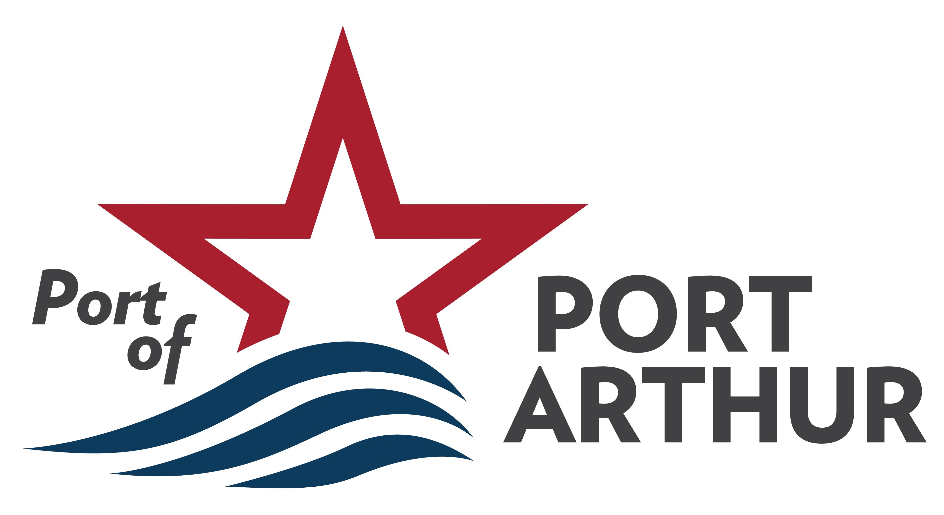 Pictured is the port of port arthur logo with a star and gulf displaying colors red, white, navy blue, and grey.